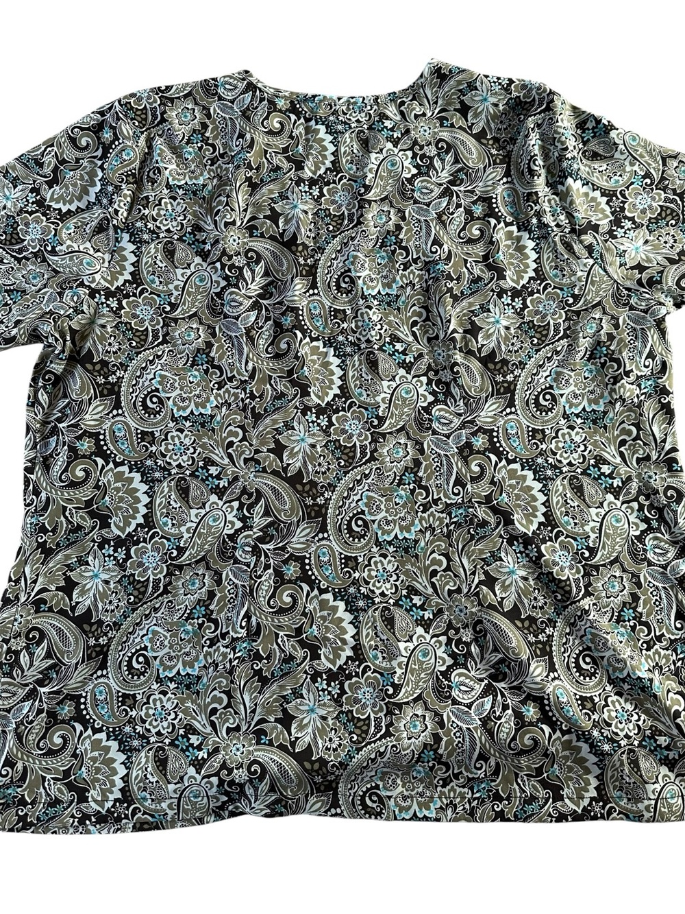 Butter-Soft Black Green Paisley Short Sleeve V-Neck Scrub Top XL - Picture 5 of 10